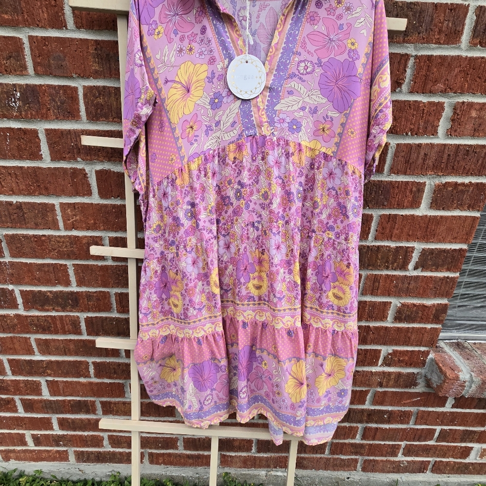 NEW Umgee Floral Print V-Neck Tiered Dress Pink XL - Picture 7 of 10